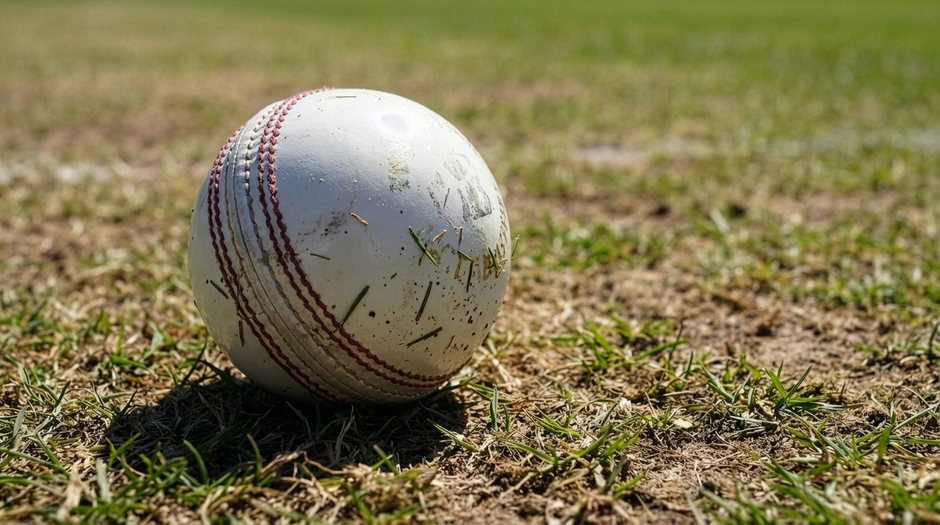 A close-up photograph of a well-worn red cricket ball resting on a textured asphalt surface, casting a distinct shadow beneath it. The ball features visible scuffs and scratches, with a prominent whit